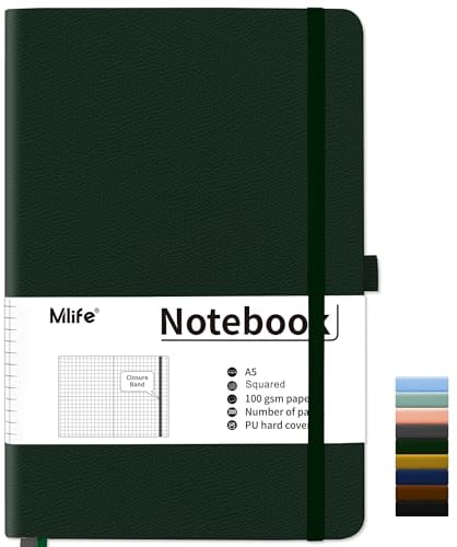 Mlife Notizbuch A5 Kariert,200 Seiten Notizbücher Hardcover,Premium 100gsm Tintenfestes Papie Dickes,PU Hard Cover Notebook,Innentasche,Elastisch Gebändert,Bullet journal&Notizblock,Tagebuch(Grün)