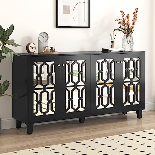 KUAKE Sideboard Kommode Schwarz verspiegelte, Anrichte mit 4 Türen, Moderne Beistellschrank Mehrzweckschrank mit verstellbares Regal, viel Stauraum für Wohnzimmer, Esszimmer