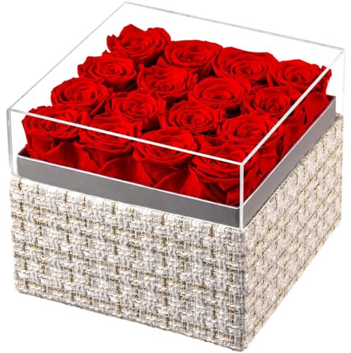 Eterfield Forever Flowers konservierte Rosen, echte Rosen, die ein Jahr halten, Rosenbox, Geschenke für sie, Muttertag, Valentinstag, Weihnachten (quadratisch, goldfarben, weiß, kariert, 16 rote