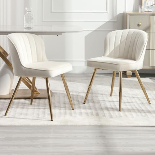 Wahson Samt Esszimmerstühle 2er Set, Moderner Esszimmerstuhl Gebogene Linie Rückenlehne, Küchenstuhl mit goldenem Fuß, Akzentstuhl für Esszimmer/Wohnzimmer,Beige