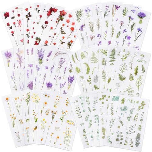 Blume Themed Aufkleber (Verschiedene 432 Stücke, 36 Blätter), PET Blume Aufkleber, Transparente Scrapbooking Aufkleber, Pflanzen Aufkleber, Fotoalbum, Laptops, Getrocknete Blumen Harz Aufkleber