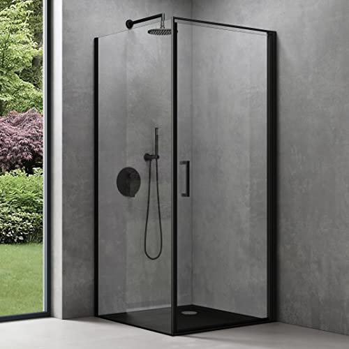 doporro Cabine de Douche en Angle Montage réversible Noir 75x75x195 Paroi de Douche Design Ravenna36K-Plus Porte Pivotante Autolevante en Verre Transparant de 8mm