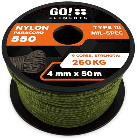 GO!elements 50m Paracord de Nylon a Prueba de desgarros - 4mm Paracord 550 Typo III Cuerda - Adecuado como Cuerda Yute & Cuerda Gruesa | MAX. 250kg, Color: Aceituna