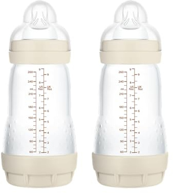 MAM Pack 2 Biberones Anticólicos, 2-4 Meses, 260ml, con con Tetina 2 Flujo Medio de Silicona de Fácil Aceptación, Autoesterilizable y Fácil de Limpiar, MAM Easy Start Anti-Colic, Neutro Mate, 2uds