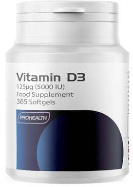 ProHealth Preservative-Free Vitamin D3 5000 IU Softgels Capsules - 1 Capsule Every 5 Days - Gluten Free, Non-GMO - Vitamin D Supplement Support for Healthy Bones, Teeth, and Immune System, Made in UK