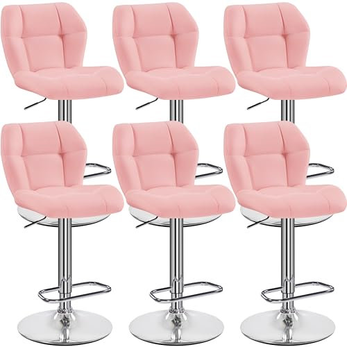 Yaheetech Lot de 6 Tabourets de Bar Réglables en Hauteur Modernes,Chaises de Bar en Similicuir et Métal,Tabouret Haut Capacité de Charge Maximale 136 kg,44 × 50,5 × 89 cm Rose