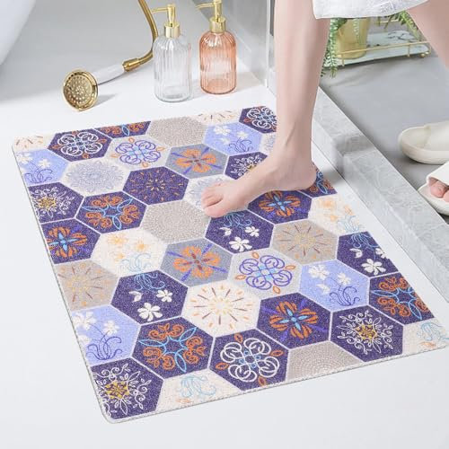 Tapis de douche antidérapant 60 x 80 cm - Doux et sécurisé - Avec trous de drainage - En PVC et uffa - Confortable - Pour zones humides - Séchage rapide - Bleu marine