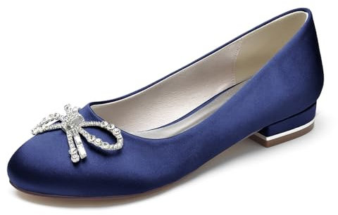 HXTYXCQ Women's Closed Round Toe Wedding Shoes Slip on Satin Bridal Pumps with Rhinestone Bow Comfort Flat Heel Dress Shoes,Navy,6 UK