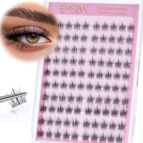 EMEDA ciglia autoadesive naturale, kit ciglia a grappolo senza colla 120pcs Ciglia naturali a pressione, DIY Ciglia a grappolo preincollate con pinzetta Ciglia preincollate per anime Manga (K04)