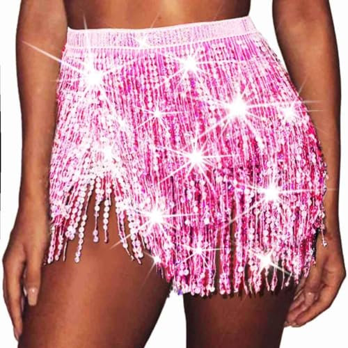 Evlry Jupe à Pampilles à Paillettes de Noël Jupes de Danse du Ventre Écharpe de Hanche Costume de Rave du Nouvel an pour Femmes