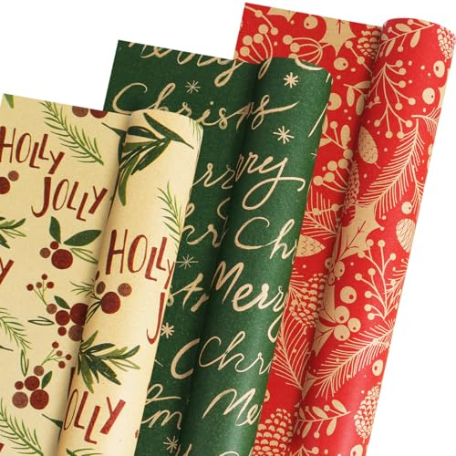 Geschenkpapier Weihnachten Rolle, 3 Rollen Braun Grün und Rot Kraftpapier Geschenkpapier, Geschenkpapierrolle für Weihnachten Neujahr Winterurlaub, 43 cm x 300 cm pro Rolle