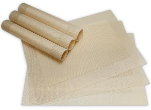 Moderne Tischsets in Champagner im 6er Set - Abwaschbare Platzsets als rechteckige Tischuntersetzer - Gewebtes Platzdeckchen als Tischunterlage für Esstisch Wohnzimmer Tisch-Deko