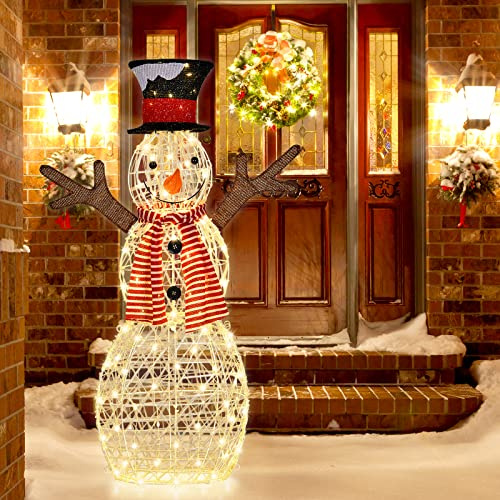 GOPLUS 110cm LED Schneemann, beleuchteter Weihnachtsschneemann mit 80 warmweißen LED-Lichtern & Erdspießen, Weihnachtsdeko Schneemann für Party Garten Hof