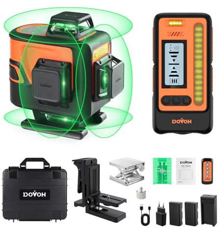 DOVOH Draußen kreuzlinienlaser 4x360° mit Empfänger, Selbstnivellierung 16 Linien Laser Wasserwaage, 400ft lange Reichweite hohe Leistung mit Laserempfänger - LCD-Bildschirm P4-360G