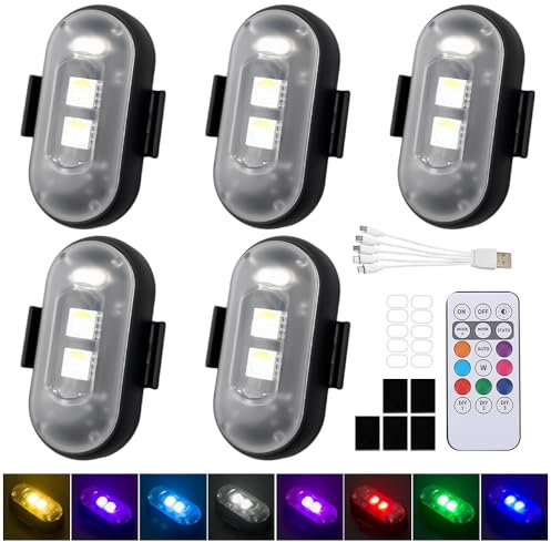 WDKXCN 5 Pcs Strobe Light Car, Wireless Led Lights for Car with Remote Control, 8 Colors Car Led Interior Lights, Anti-Collision Flashing Warning Mini Led Lights for Car, Drone, Motorcycle