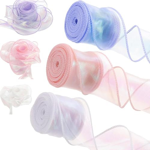 3 Rollen Chiffonband - Schillerndes Organzaband - Geschenkband - Schleifenband, Schimmernd und Transparent, Dekoband für Hochzeitsstrauß,Schleifen,Kränze,Hochzeit Dekoration (Blau, rosa, weiß)