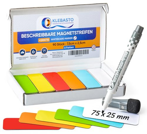 KLEBASTO Magnetstreifen beschreibbar | Magnetschilder zum Beschriften | Beschreibbare Magnete für Whiteboard,Kühlschrank,Magnettafel,Kanban (Mix (6 Farben), 75mm x 25mm)