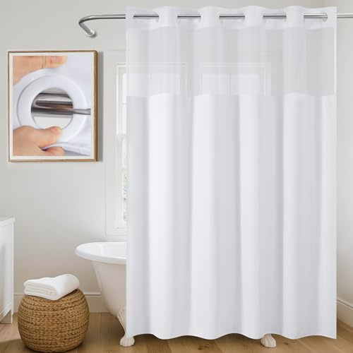 No Hook Shower Curtain with See Through Mesh Window Hotel Style Linen Textured Shower Curtain for Bathroom Heavy Duty Washable Waterproof Fabric Wet Room Bath Curtain, Weighted Hem, 183x191cm, White