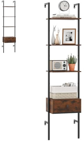 HOMASIS Scaffale a Scala con 4 Ripiani e Cassetto, Libreria da Parete con Telaio in Metallo, Libreria Aperta da Ufficio con Dispositivo Anti-Ribaltamento per Soggiorno, 43 x 29,5 x 177,5 cm, Marrone