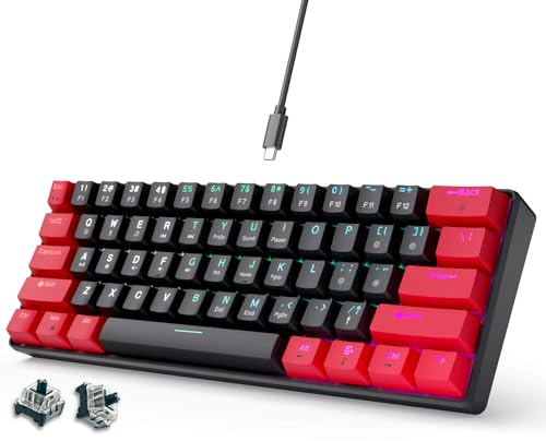 abucow 60% Mechanical Gaming Keyboard Black Switch Wired Compact Keyboard Anti-Ghosting No-Conflict 61 Swappable keycaps Ergonomic Design for Windows/Mac (Black-Red)