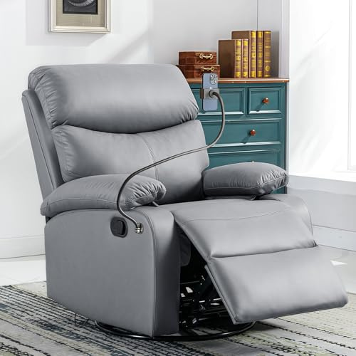 VTELGT Rocking Recliner Chair, 360° Swivel Rocker Chair with Mobile Phone Holder, PU Leather Manual Recliner Armchair with Adjustable Leg Rest, Side Pockets for Home Living Room Bedroom,Grey