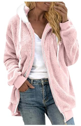 Fleecejacke Damen,Fleecejacke Damen Mit Kapuze Winter Plüschjacke Langarm Hoodie Teddy Fleece Jacken Doppelseitiger Einfarbiger Fleecemantel Fuzzy Fluffy Wintermantel（Rosa,L）