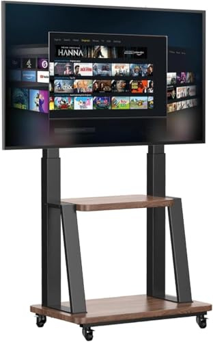 JXMTSPW Mobile TV Stand for 32-75 Inch Flat/Curved LED/LCD/OLED TVs Rolling TV Stand with Height Adjustable Environmentally Wood Shelf Max VESA 600x400mm up to 50kg Outdoor TV Cart Trolley with Wheels