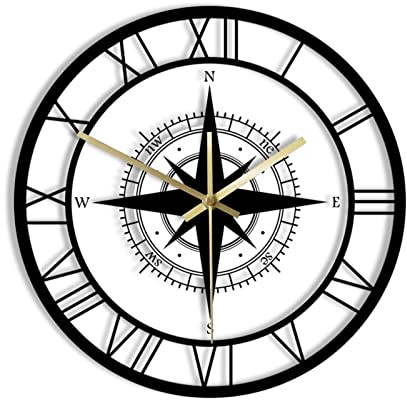 XJBTBA Horloge Murale Moderne avec Rose des Vents Cadran Nautique Noir Silencieux Décoration Intérieure Rétro pour Salon Bureau cm - sans LED