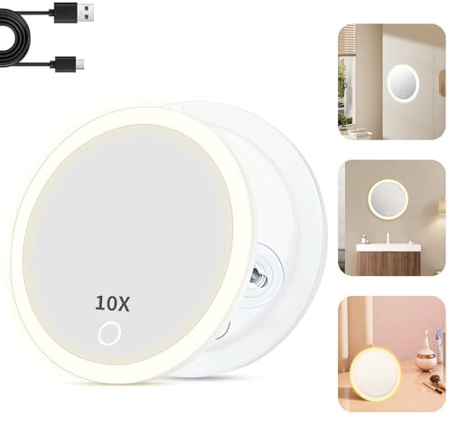 Alaoo Miroir grossissant 10X avec Lumières, Rond Mural 3 Ventouses Poche | Miroir Cosmétique Poche Portable pour épiler Sourcils, Ventouse Mural