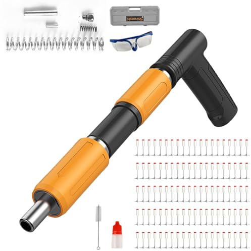 Demlaka Manuelle Nagelpistole mit 100 Runden Nägeln, 4 Gänge Einstellbares, Nagelpistole Beton, Bolzenschussgerät, Heimzimmerei Betonnagler Set für Stahl & Beton, Anwendbare Nagellänge 16-42mm