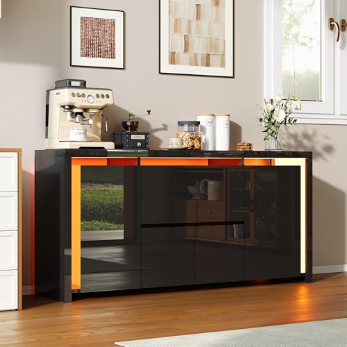 FOERPL Sideboard für Esszimmer, Schwarz, mit LED, modern, mit 4 Türen und 2 Schubladen, Sideboard, niedrig, mit Schublade, für Küche, Flur, Wohnzimmer, Eingangsbereich