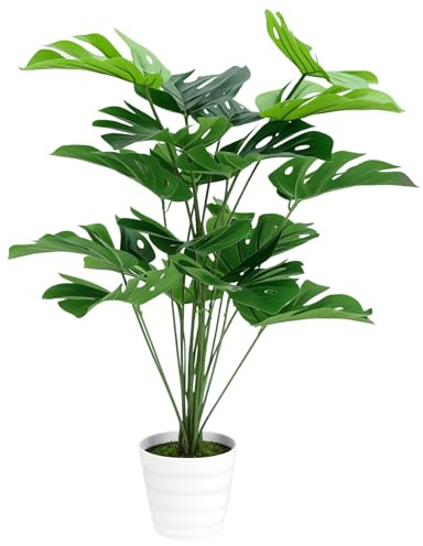QWORK® Monstera Artificial Grande 65CM con Maceta de Diamante Blanca – Planta Artificial Realista de Interior para Decoración de Salón, Oficina y Dormitorio