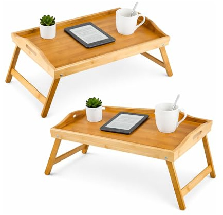 CROWNSHOP Bamboo Bed Tray Table 50x30x24cm – Foldable Breakfast in Bed Tray with Handles & Folding Legs, Portable Lap Tray for Eating, Working, Laptop, Sofa, and Breakfast in Bed (Brown, 2 PCS)