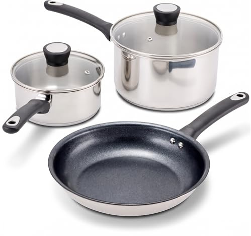 Judge 3 Piece Pots and Pans Set, 2 Saucepans & Non Stick Frying Pan | 16, 20 & 24cm cookware, vented glass lids, stay-cool handles, oven safe to 180°C. Suits all hob types incl. induction.