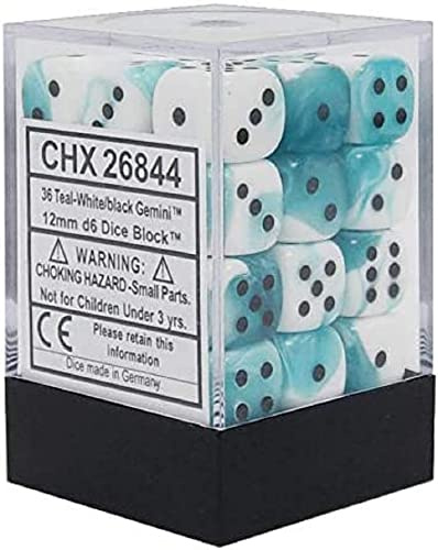Chessex Gemini 12mm d6 Dice Blocks with pips Dice Blocks (36 Dice) - White-Teal w/Black
