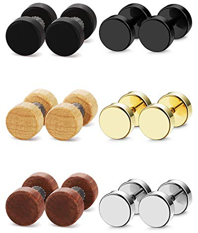 Flongo Herren Ohrstecker Knopf Damen Ohrringe 8mm Ohrstecker Gestüt Stecker Ohrhänger Tunnel Illusion verjüngt Cheater Faux Fake Ohrstecker aus Edelstahl Holz Türkis 6 Paar Set Modell B