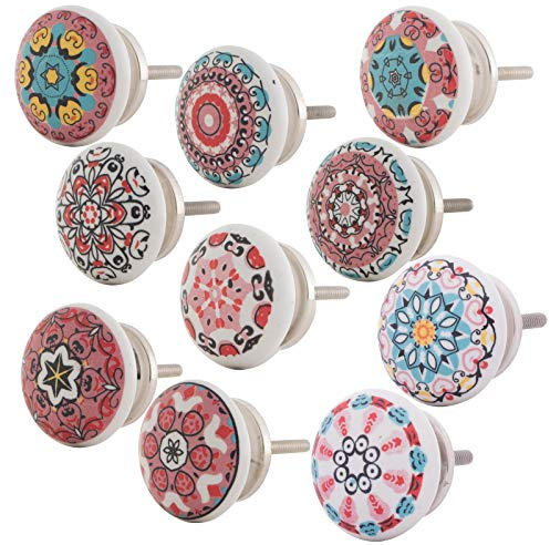 Knober Set 10 Stück Möbelknöpf Keramik Mandala Energy Shabby-Chic Schrankknöpfe Türgriff (2. Rosa Set 10 Stück)