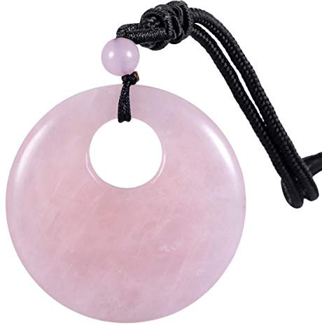 Nupuyai Rose Quartz Lucky Coin Pendant Necklace for Women Men, Healing Crystal Stone Donut Pendant with Adjustable Cord 70cm