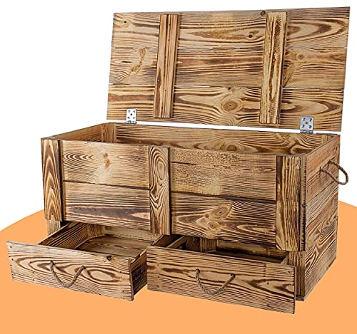 Traumhaft rustikale Holztruhe (80 x 39 x 40 cm, geflammt) Schatztruhe Spielzeugkiste Truhe Bank Stauraum Sitztruhe Sitzbank Aufbewahrungstruhe mit großer Kapazität Flur, Schlafzimmer, Wohnzimmer