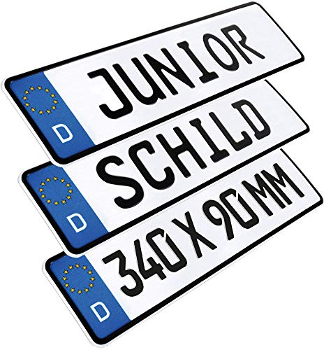 L & P Car Design 1 Stück Kennzeichen Junior-Schild 34cm x 9cm Farbwahl Bohrung Wunschtext Wunschkennzeichen Wunschprägung Namensschild Bobbycar Kettcar Fun Schild