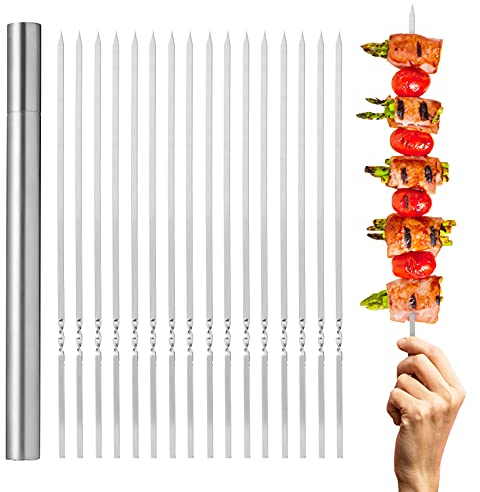 Oak & Steel - 20 14 Stainless Steel Reusable Barbecue Metal Skewers with Premium Storage Case, 35cm - Flat BBQ Party Grilling Kebab Skewer Sticks with Storage