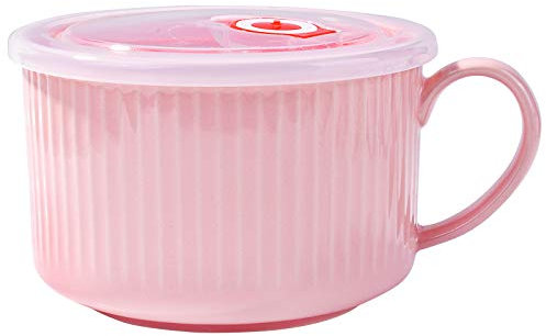 LMRLCS Microwavable Soup Bowl with Handle and Lid 30.4 OZ Ceramic Cereal Bowls Soup Mugs Soup Containers for Oat Instant Noodles and Snacks Modern Simple Style Pink