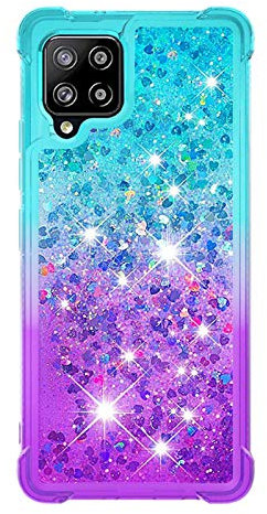 A12 / M12 Samsung Case Glitter Cute Bling Sparkle Quicksand Flowing Liquid Clear Transparent TPU Gel Silicone ShockProof Protective Phone Cover for Samsung Galaxy A12 / M12 Case Girls, Blue & Purple