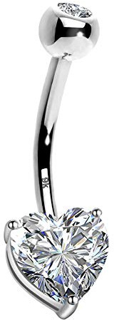 OUFER Body Piercing Belly Bars 9K 14G Gold Heart Cubic Zirconia Belly Button Rings Navel Piercing Rings Jewellery