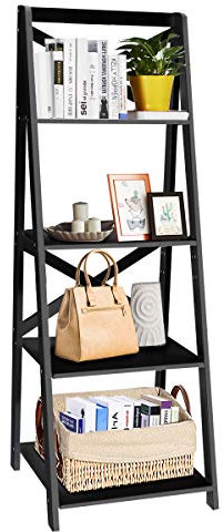 CASART 4-Tier Ladder Shelf, Freestanding Bookcase Plant Flower Stand, Wooden Storage Rack Display Shelving Unit for Living Room, Bedroom and Office (Black)