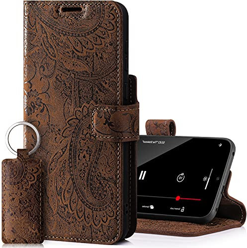 SURAZO Prestige Leather Case for Apple iPhone 13 Pro Max - RFID Wallet Flip Cover with 3 Card Slots & Cash Pocket - Secure Magnetic Closure & Kickstand - Real Leather Folio Bumper (Ornament Brown)