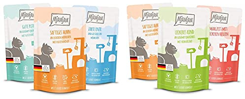 MjAMjAM MjAMjAM - Mixpaket IV, 12 x 125g, 1er Pack (1 x 1.5 kilograms) & Premium Nassfutter für Katzen - Mixpaket 1 - Huhn, Rind, Herzen, 12er Pack (12 x 125 g)