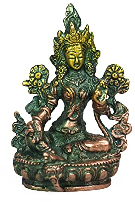 Kanchan Crafts Grüne Tara Figur Tanzend Stehend 13 cm Sitzend 10 cm Buddhismus Hinduismus Deko (Sitzend)