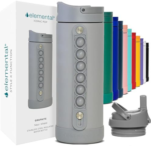 Elemental Iconic Pop Kids Water Bottles with Pop Strap - Triple Wall Leakproof Insulated Stainless Steel Water Bottle - Dishwasher Safe and BPA Free Water Bottle with Straw - Graphite - 414 ml
