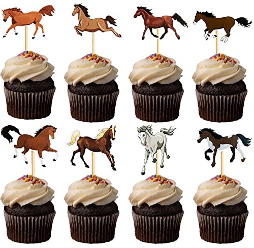 luckaide Tortendeko Pferd, 32 Stück Pferde Geburtstagsdeko,Cupcake Topper Pferd Kuchendeckel,für Kindergeburtstag Party Pferd Thema Party Deko,Geburtstagsfeiern zum Thema Pferderennen